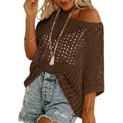 Short Sleeve Crochet Sweater Lightweight Summer Tops Loose Hollow Out Crewneck Pullover